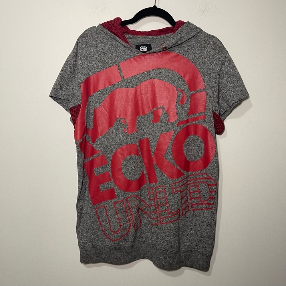 Ecko Unltd Y2K Gray Red Short Sleeve Hoodie Graphic Logo Top Men’s Size Large
